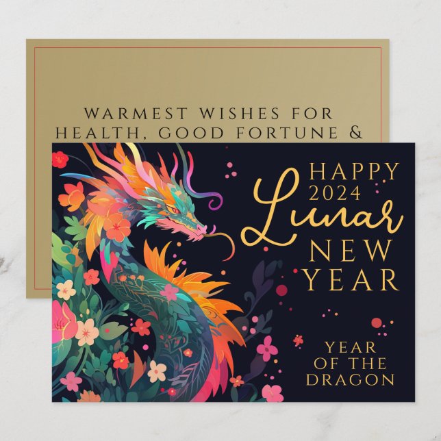 Cartes Pour Fêtes Annuelles Dragon moderne chinois Lunaire Nouvel An Floral (Devant / Derrière)