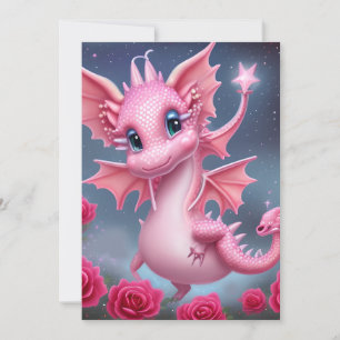 Cartes Pour Fêtes Annuelles Dragon rose mignon aux fleurs roses