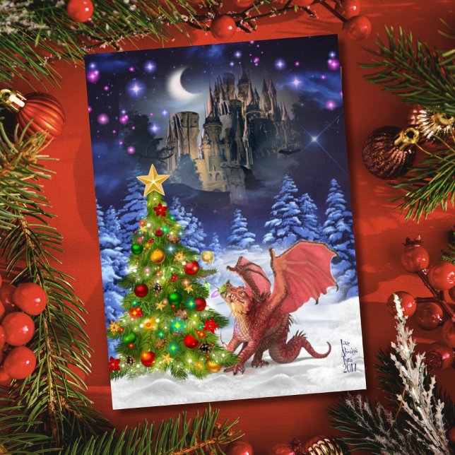 Cartes Pour Fêtes Annuelles Dragon tirant sur l'arbre de Noël (Créateur téléchargé)