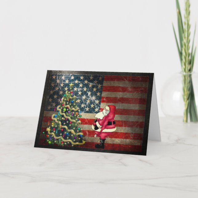 Cartes Pour Fêtes Annuelles Drapeau américain patriotique, Père Noël et Arbre  (Devant)