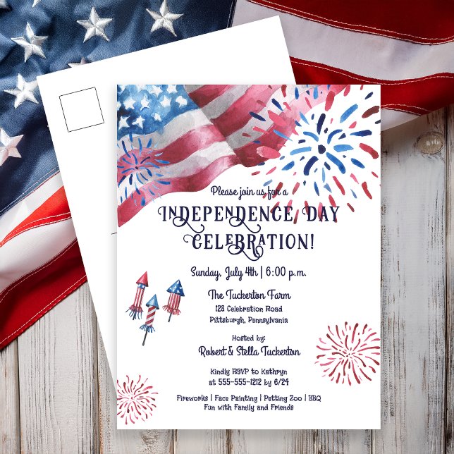 Cartes Pour Fêtes Annuelles Drapeau Feu d'artifice Fête de l'Indépendance (Waving Flag Fireworks Independence Day Celebration Holiday Postcard Invitation)
