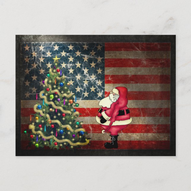 Cartes Pour Fêtes Annuelles Drapeau patriotique américain, Père Noël et sapin  (Devant)