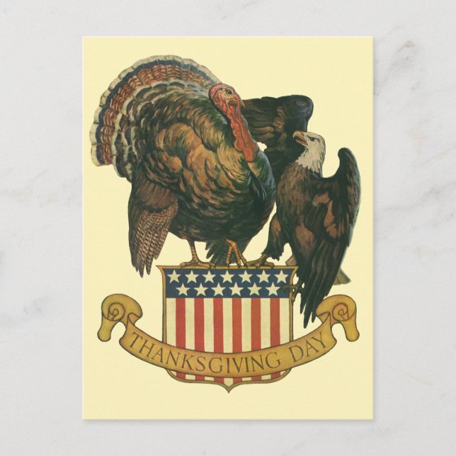 Cartes Pour Fêtes Annuelles Drapeau vintage Thanksgiving Turquie, Aigle, Drape (Devant)