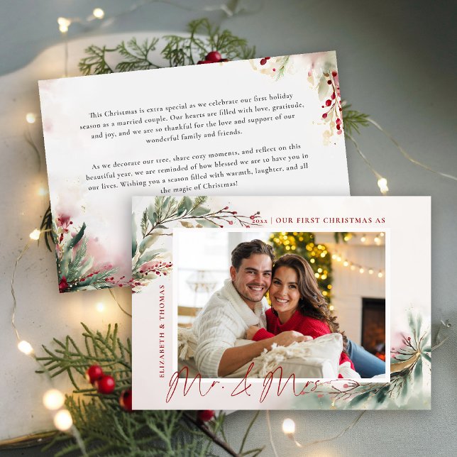 Cartes Pour Fêtes Annuelles Dream Winter Greenery Photo Premier Noël M. Mme (first christmas mr mrs romantic holiday christmas photo card watercolor winter greenery botanical)