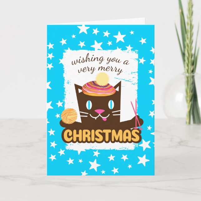 Cartes Pour Fêtes Annuelles Drôle chat Noël casquette tricot aiguilles tricote (Devant)