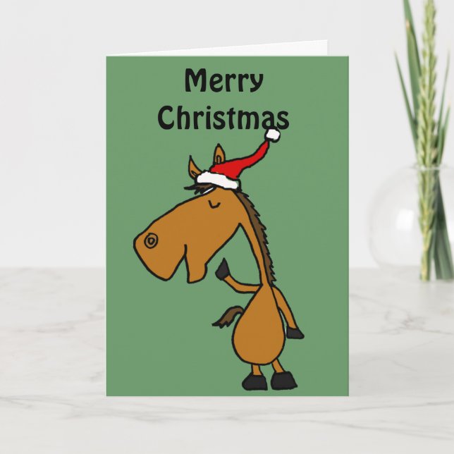 Cartes Pour Fêtes Annuelles Drôle Cheval dans Santa Hat Art de Noël (Devant)