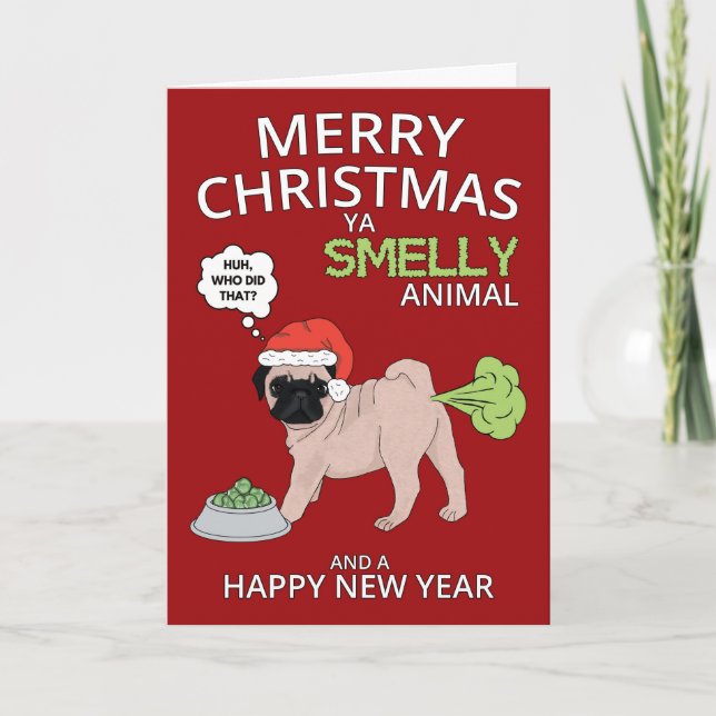 Cartes Pour Fêtes Annuelles Drôle Chien Carlin Joyeux Noël Et Nouvel An (Devant)