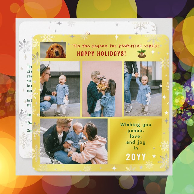 Cartes Pour Fêtes Annuelles Drôle Chien Chat Paix Amour Joie 5 Photos Mignonne (Elegant Golden Cute Funny Pawsitive Vibes Pet Dog Happy Holidays 4 Photos Peace Love Joy Snowflakes )