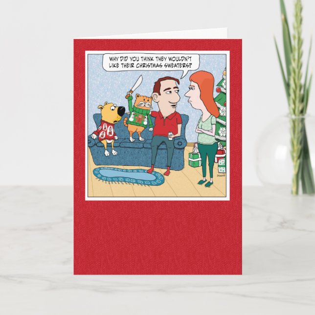 Cartes Pour Fêtes Annuelles Drôle Chien et Chat Gros Chandail de Noël (Devant)