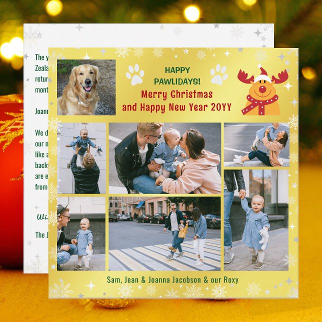 Cartes Pour Fêtes Annuelles Drôle Chien Rudolph Joyeux Pawlidays Golden 7 Phot (Funny Golden Happy Pawlidays Christmas Card. Dog Photo + Rudolph the Reindeer + 6 Family Photos Snow)