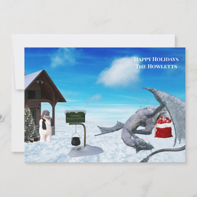 Cartes Pour Fêtes Annuelles Drôle Dragon Snowman vacances d'hiver (Devant)