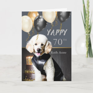 Cartes Pour Fêtes Annuelles Drôle Joyeux 70e Anniversaire Poodle blanc en cuir