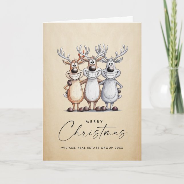 Cartes Pour Fêtes Annuelles Drôle Main dessinée Reindeers de Noël Entreprise (Devant)