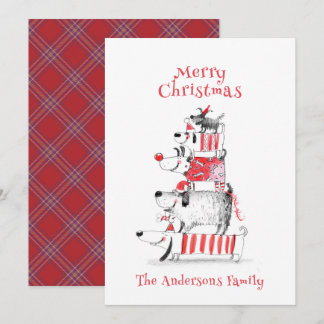 Cartes Pour Fêtes Annuelles Drôle mignon Chiens Festifs Red Plaid Joyeux Noël