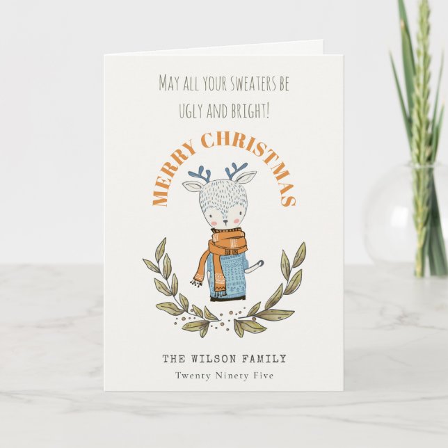 Cartes Pour Fêtes Annuelles Drôle mignon Doux moche Reindeer feuilleté Noël (Devant)