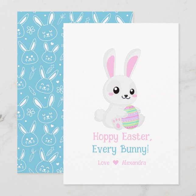 Cartes Pour Fêtes Annuelles Drôle Mignonne Pâques Hoppy Chaque Bunny Sky Blue (Devant / Derrière)