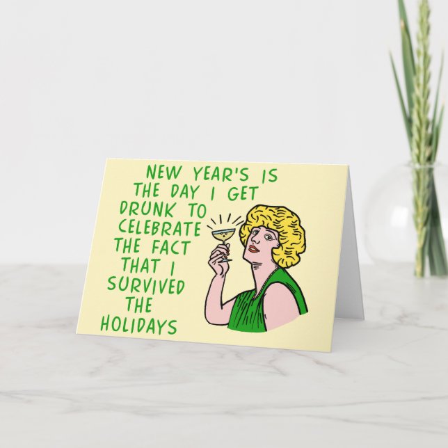 Cartes Pour Fêtes Annuelles Drôle Nouvel An Rétro Boire Femme Champagne (Devant)