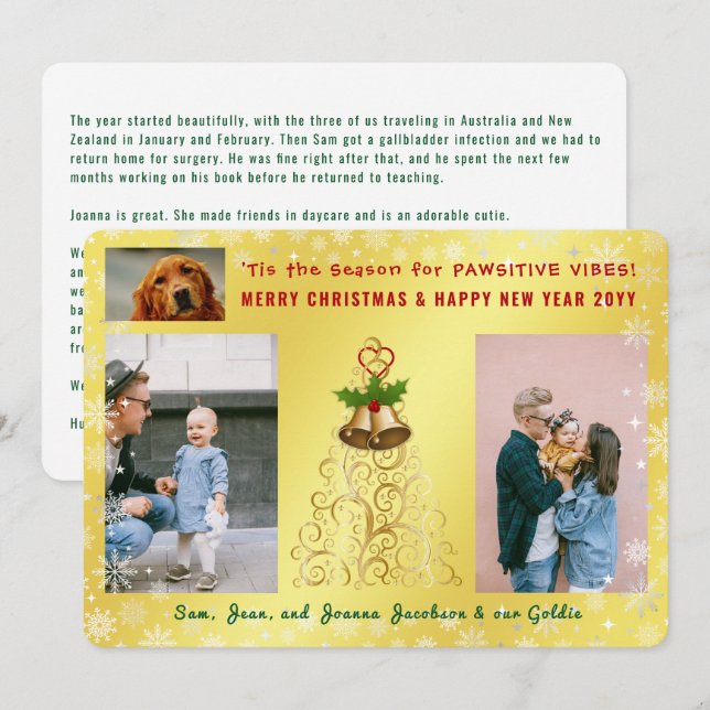Cartes Pour Fêtes Annuelles Drôle Pawsitive Chien Chat Cute Golden 3 Photos (Devant / Derrière)