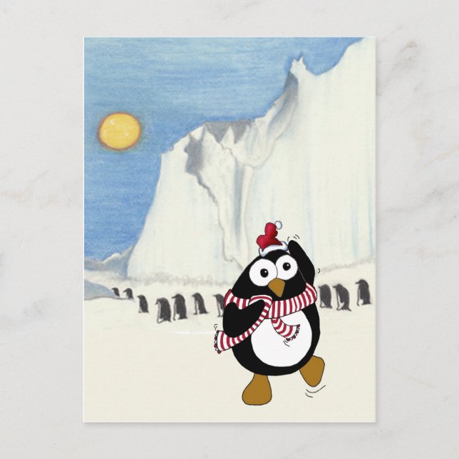 Cartes Pour Fêtes Annuelles Drôle pingouin de Noël dansant dans l'Antarctique. (Devant)