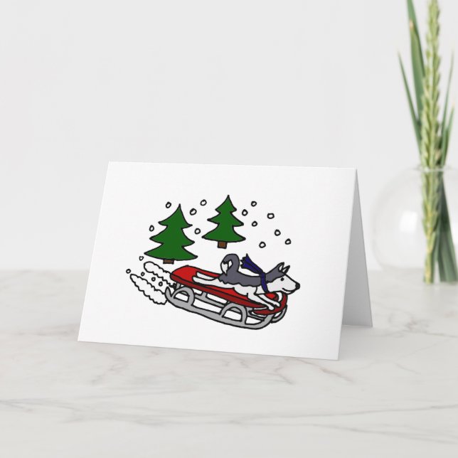 Cartes Pour Fêtes Annuelles Drôle Sibérien Husky Chien à cheval sur traîneau (Devant)