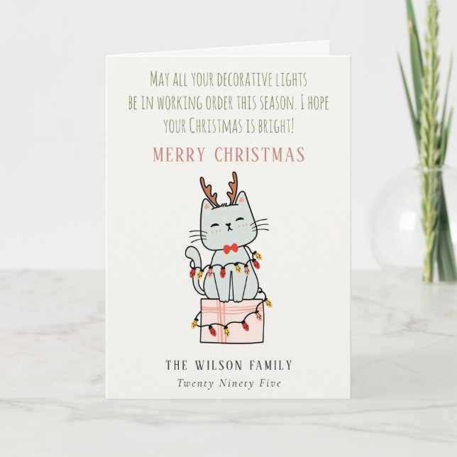 Cartes Pour Fêtes Annuelles Drôle Tangé Travailler Lumières Noël Chat Cadeau (Devant)