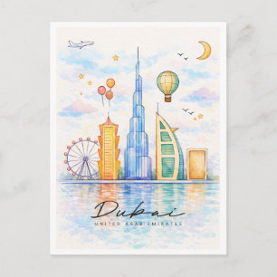 Cartes Pour Fêtes Annuelles Dubaï Skyline Aquarelle   Art du paysage urbain de