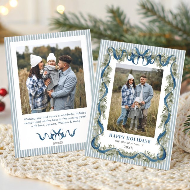Cartes Pour Fêtes Annuelles Dusty Blue Stripped Blue Bow Christmas 2 Photo (Créateur téléchargé)