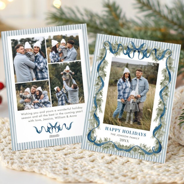 Cartes Pour Fêtes Annuelles Dusty Blue Stripped Blue Bow Christmas 5 Photo (Créateur téléchargé)