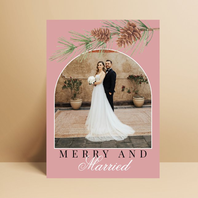Cartes Pour Fêtes Annuelles Dusty Rose Pine Merry & Married Photo Christmas (Créateur téléchargé)