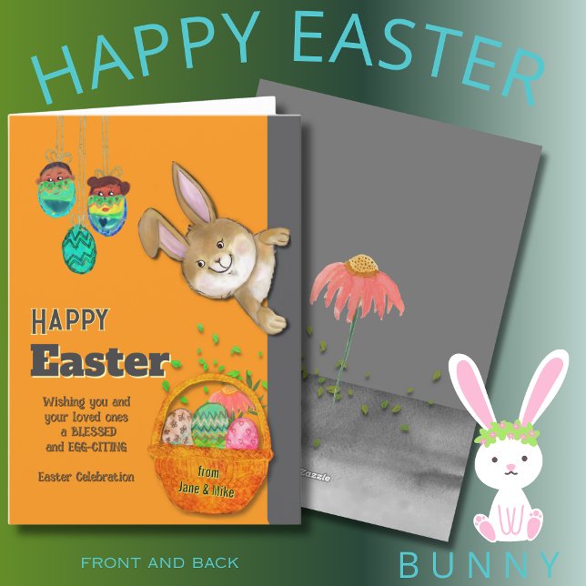 Cartes Pour Fêtes Annuelles Easter Bunny EGG-CITING Orange illustration (Easter Bunny EGG-CITING Orange illustration Holiday Card)