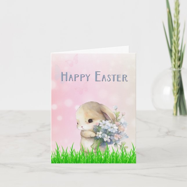 Cartes Pour Fêtes Annuelles Easter Bunny with Pink and Blue Flowers Card (Devant)