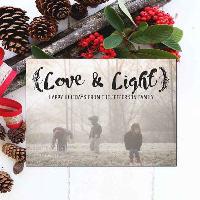 Cartes Pour Fêtes Annuelles Ebony Elegant Sketched Love & Light Holiday Photo (Ebony Elegant Sketched Love and Light Holiday Photo Card)