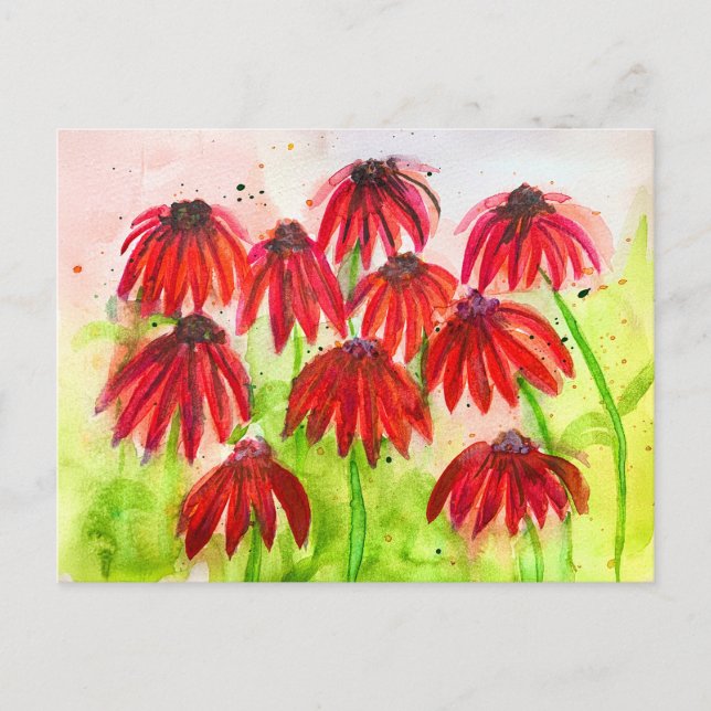 Cartes Pour Fêtes Annuelles Echinacea rouge fleurit Aquarelle Art botanique (Devant)