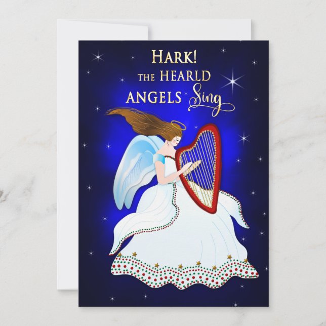 Cartes Pour Fêtes Annuelles Écoutez les anges chanter Ange de Noël avec harpe (Devant)