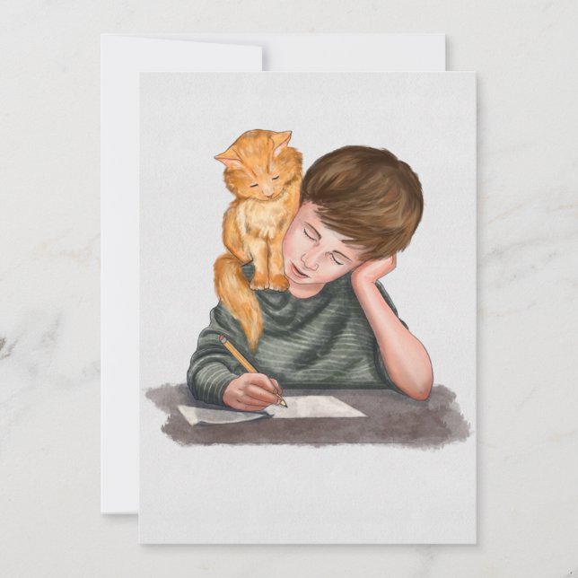 Cartes Pour Fêtes Annuelles Écriture de garçon, chat sur l'épaule, fait à la m (Devant)