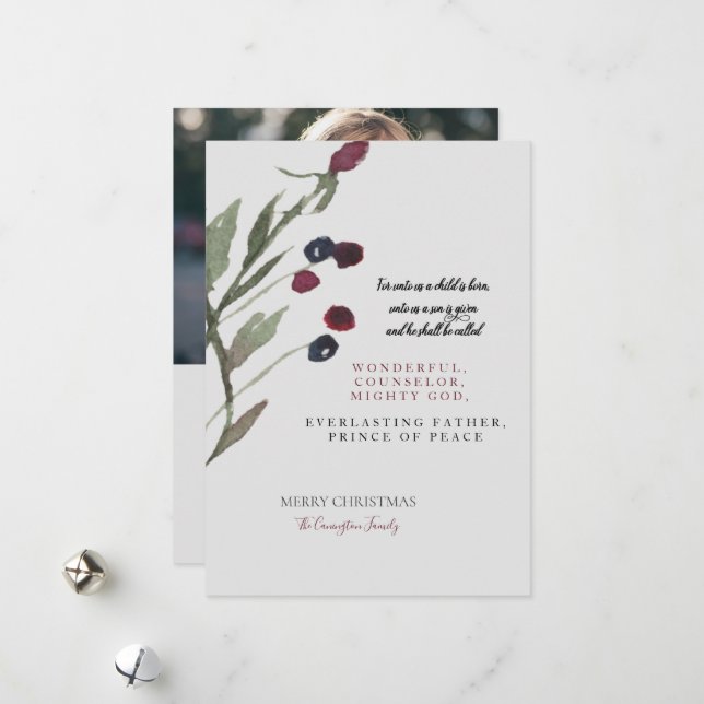 Cartes Pour Fêtes Annuelles Écriture de Noël Berries Photo chrétienne (Devant/Arrière en situation)