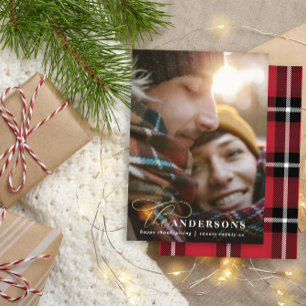 Cartes Pour Fêtes Annuelles Écriture dorée plaid rouge thanksgiving 1 photo 