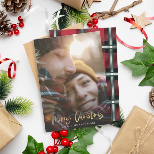 Cartes Pour Fêtes Annuelles Ecriture or joyeux noël rouge tartan photo (Créateur téléchargé)