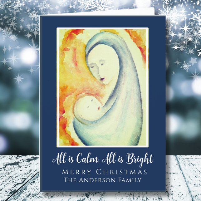 Cartes Pour Fêtes Annuelles Écriture religieuse Madone et Enfant Aquarelle (Créateur téléchargé)