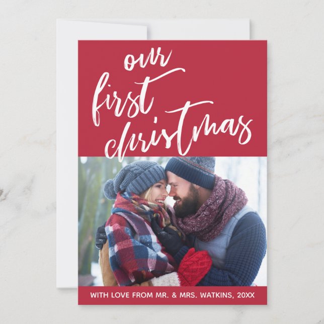 Cartes Pour Fêtes Annuelles Écriture sur Rouge Notre premier Noël, photo (Devant)