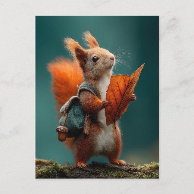 Cartes Pour Fêtes Annuelles Écureuil avec sac à dos et feuille d'automne (Devant)