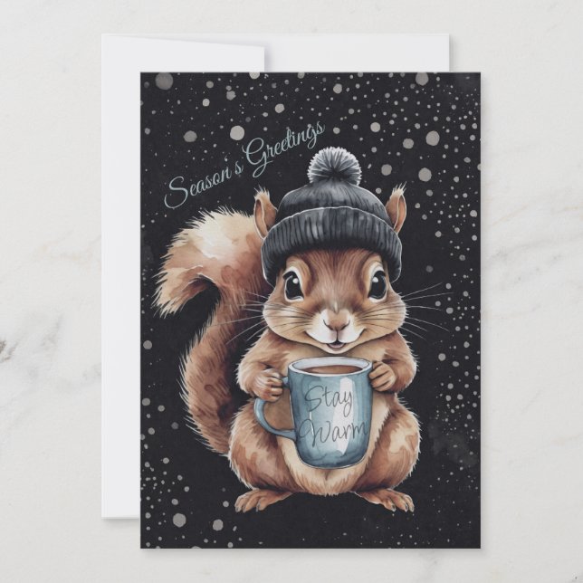 Cartes Pour Fêtes Annuelles Écureuil avec tasse et neige "Stay Warm" (Devant)