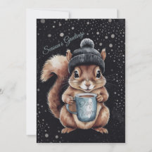 Écureuil avec tasse et neige "Stay Warm"