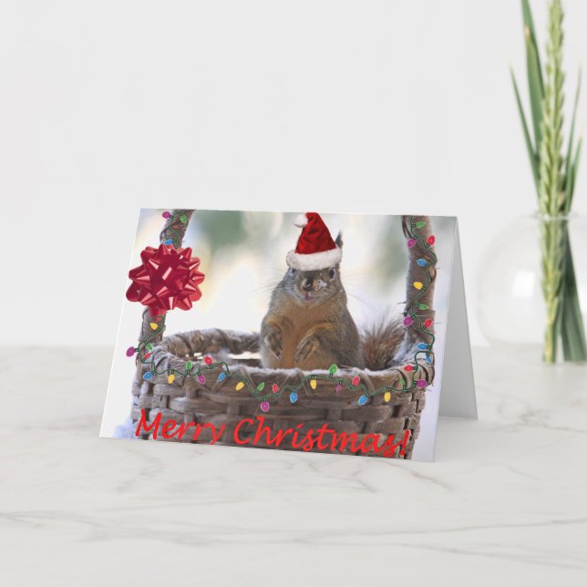 Cartes Pour Fêtes Annuelles Écureuil de Noël en panier avec neige (Devant)