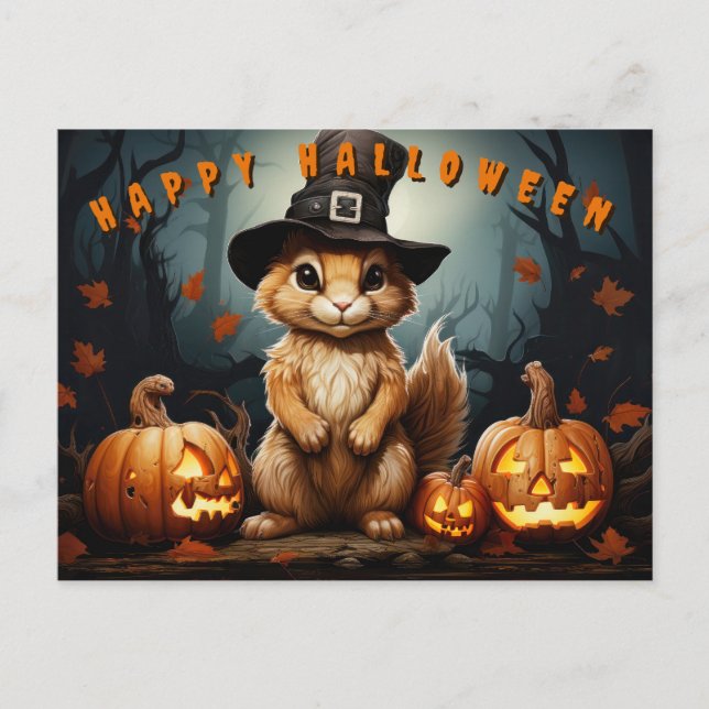 Cartes Pour Fêtes Annuelles Écureuil d'Halloween en sorcière Casquette avec Ci (Devant)