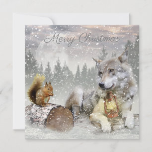 Cartes Pour Fêtes Annuelles Écureuil du loup mignon hiver Forêt de neige Noël