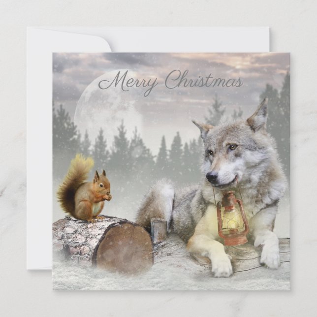 Cartes Pour Fêtes Annuelles Écureuil du loup mignon hiver Forêt de neige Noël (Devant)