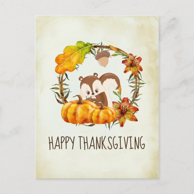Cartes Pour Fêtes Annuelles Écureuil et Bon thanksgiving Citrouille (Devant)