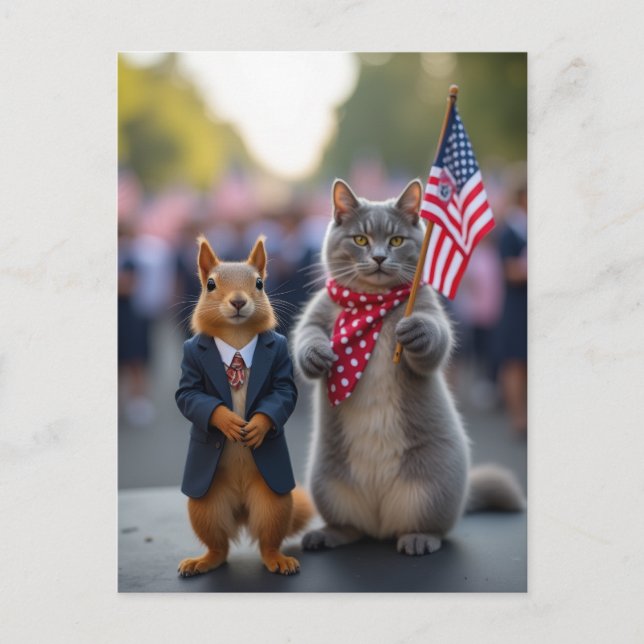 Cartes Pour Fêtes Annuelles Écureuil patriotique et chat (Devant)