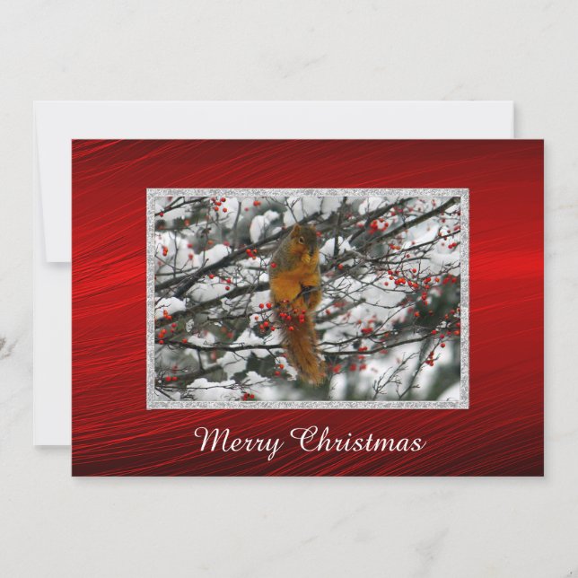 Cartes Pour Fêtes Annuelles Écureuil Rouge Berries Neige Arbre de Noël Apparte (Devant)